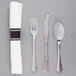 Silver Visions 17 inch x 17 inch Pre-Rolled Linen-Feel White Napkin and Silver Heavy Weight Plastic Cutlery Set - 100
